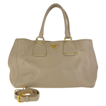 Prada Tote Bag Leather Beige Gold Metal Tote Bag Shoulder Bag 2Way Vitterodino Women