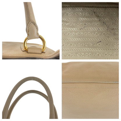 Prada Tote Bag Leather Beige Gold Metal Tote Bag Shoulder Bag 2Way Vitterodino Women