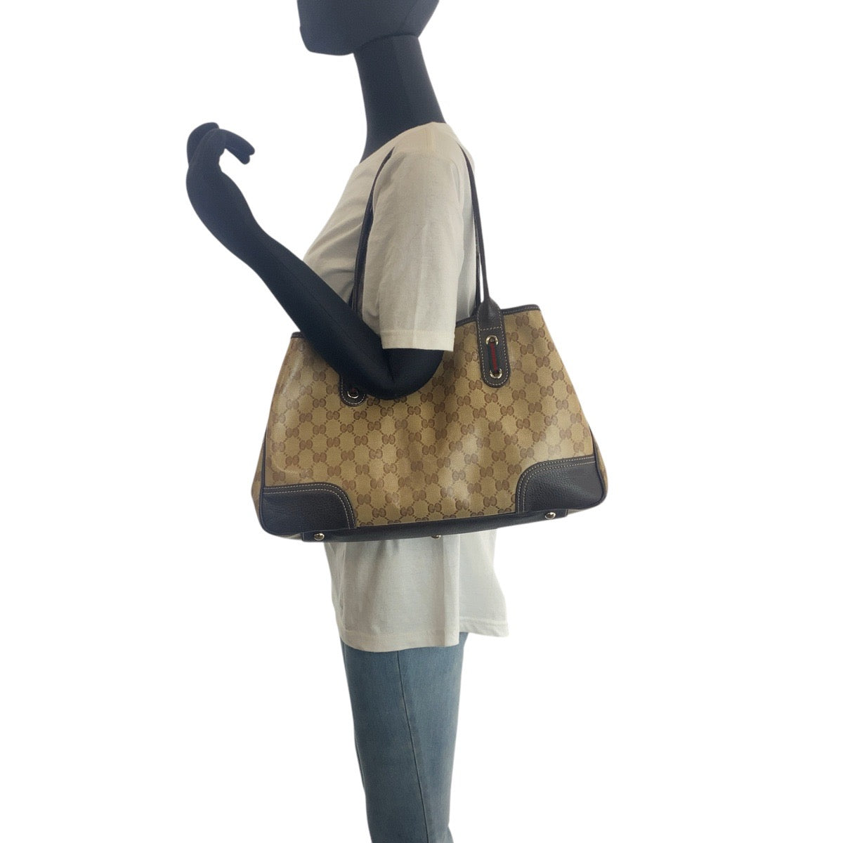 Gucci Tote Bag 293592 Pvc, Leather Beige Brown Gold Metal Tote Bag Shoulder Bag Sherry Line Gg