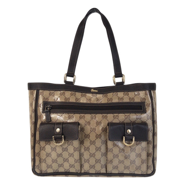 Gucci Tote Bag 268639 Coated Canvas, Leather Beige Brown Gold Metal Tote Bag Shoulder Bag Gg