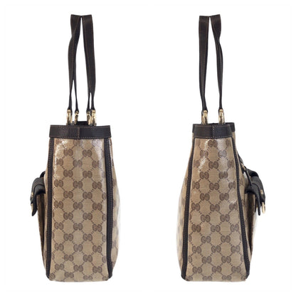 Gucci Tote Bag 268639 Coated Canvas, Leather Beige Brown Gold Metal Tote Bag Shoulder Bag Gg