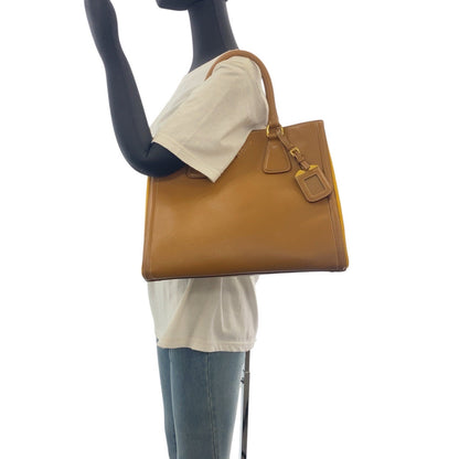 Prada Tote Bag Leather Brown Yellow Gold Metal Tote Bag Shoulder Bag 2Way Safiano Triangle With