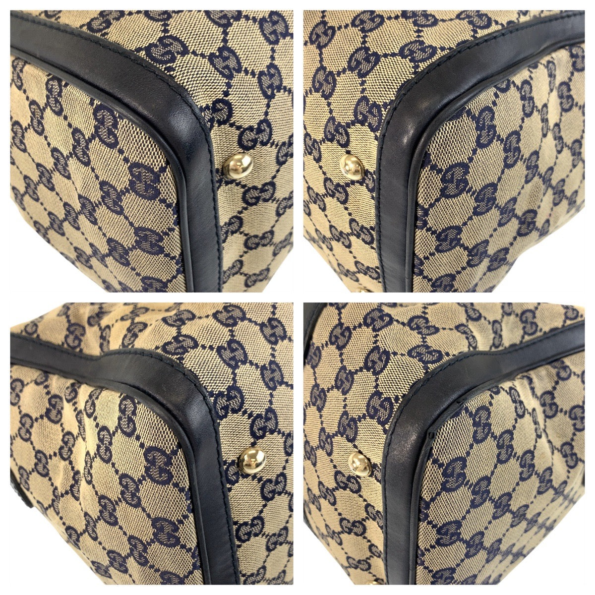Gucci Handbag 247205 Gg Canvas, Leather Gray Navy Gold Metal Handbag Boston Duffel Bag Shoulder Bag
