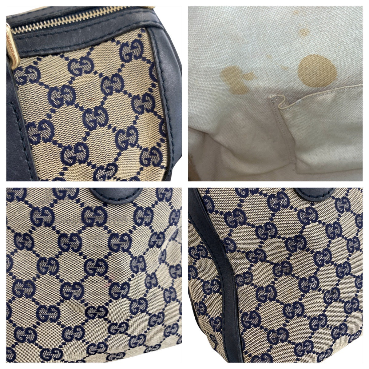 Gucci Handbag 247205 Gg Canvas, Leather Gray Navy Gold Metal Handbag Boston Duffel Bag Shoulder Bag
