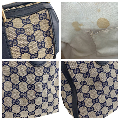 Gucci Handbag 247205 Gg Canvas, Leather Gray Navy Gold Metal Handbag Boston Duffel Bag Shoulder Bag