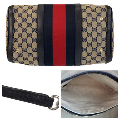 Gucci Handbag 247205 Gg Canvas, Leather Gray Navy Gold Metal Handbag Boston Duffel Bag Shoulder Bag