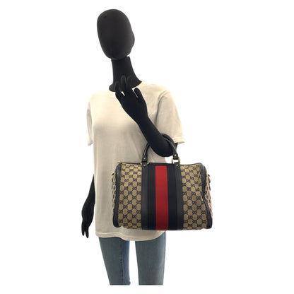 Gucci Handbag 247205 Gg Canvas, Leather Gray Navy Gold Metal Handbag Boston Duffel Bag Shoulder Bag