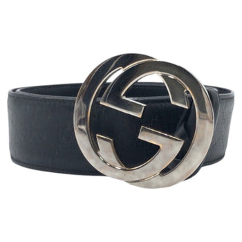 Gucci Belt 114876 85 34 Leather Black Black Silver Belts Unisex Interlocking G Mens