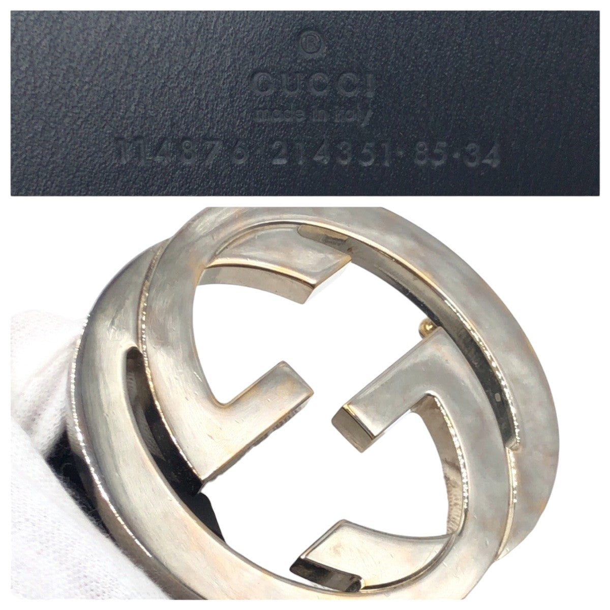 Gucci Belt 114876 85 34 Leather Black Black Silver Belts Unisex Interlocking G Mens