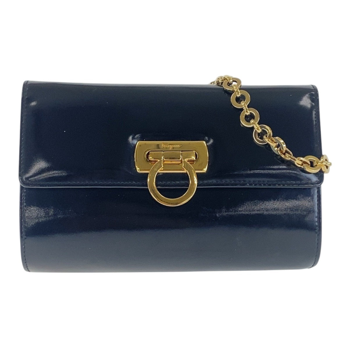 Salvatore Ferragamo Shoulder Bag Enamel Black Goldmetal Crossbody Shoulder Bag Gancini Women