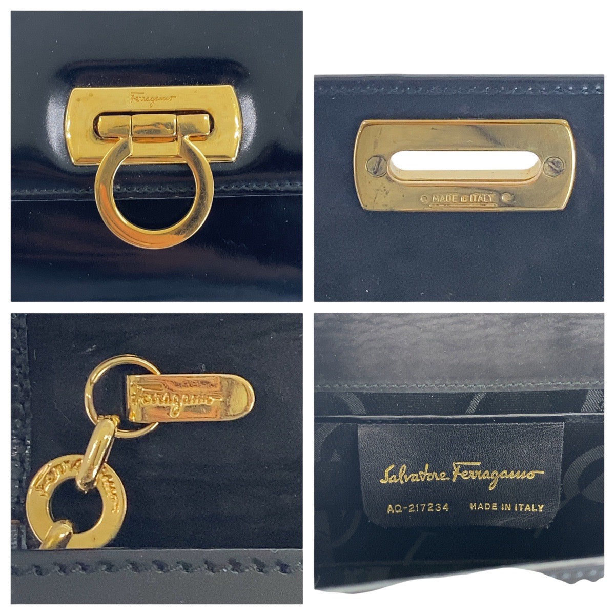 Salvatore Ferragamo Shoulder Bag Enamel Black Goldmetal Crossbody Shoulder Bag Gancini Women