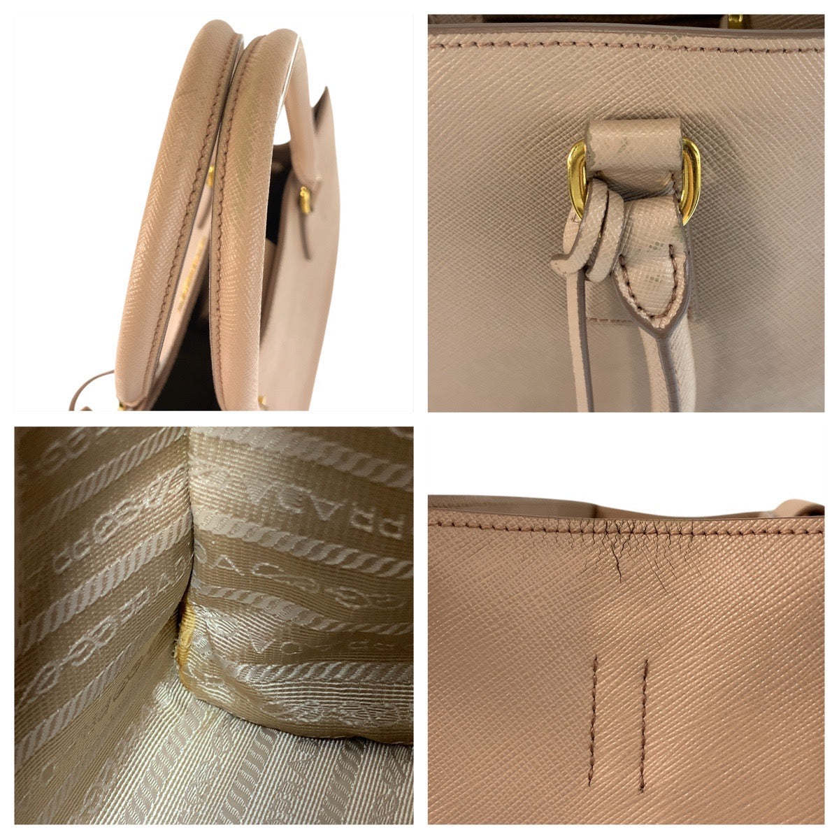 Prada Tote Bag Leather Pink Beige Gold Metal Tote Bag Handbag Safiano Women