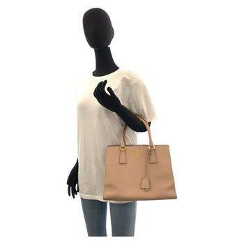 Prada Tote Bag Leather Pink Beige Gold Metal Tote Bag Handbag Safiano Women