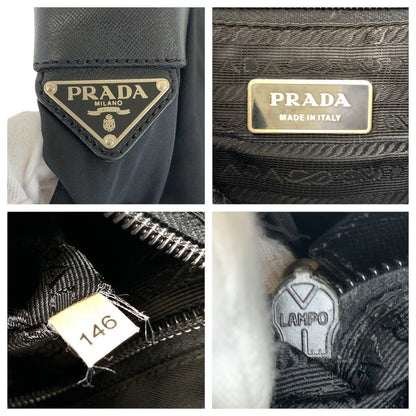 Prada Shoulder Bag Nylon, Leather Black Silvermetal Shoulder Bag Pochette Testo Saffiano Triangle