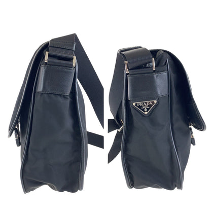 Prada Shoulder Bag Nylon, Leather Black Silvermetal Shoulder Bag Pochette Testo Saffiano Triangle
