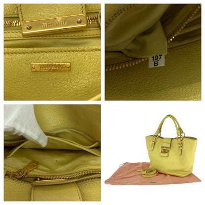 Miu Miu Shoulder Bag 197 B Leather Yellow Gold Metal Shoulder Bag Handbag 2Way Madras Women