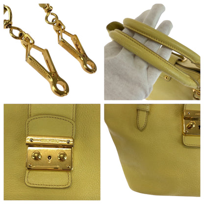 Miu Miu Shoulder Bag 197 B Leather Yellow Gold Metal Shoulder Bag Handbag 2Way Madras Women