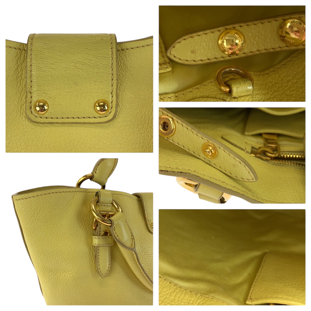 Miu Miu Shoulder Bag 197 B Leather Yellow Gold Metal Shoulder Bag Handbag 2Way Madras Women