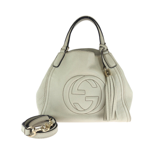 Gucci Shoulder Bag 386751 Leather Ivory Gold Metal Shoulder Bag Handbag 2Way Soho Interlocking