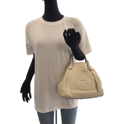 Gucci Shoulder Bag 386751 Leather Ivory Gold Metal Shoulder Bag Handbag 2Way Soho Interlocking