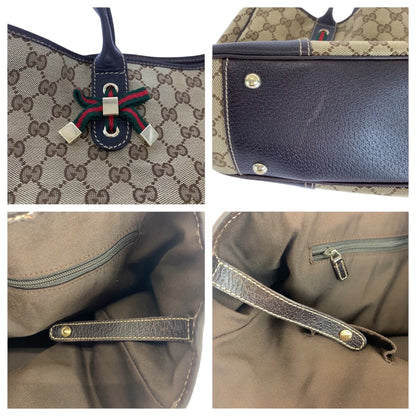 Gucci Tote Bag 163805 Gg Canvas Beige Brown Gold Metal Tote Bag Shoulder Bag Sherry Line Pretty