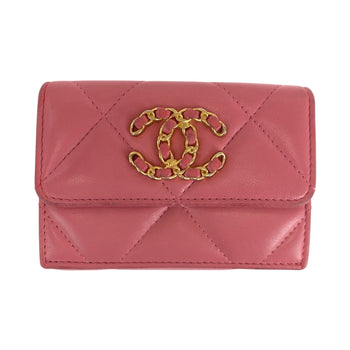 Chanel Tri-Fold Wallet Lambskin Pink Gold Metal Folding Wallet Compact Wallet 19 Year Old Matelasse