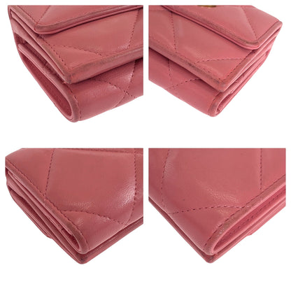 Chanel Tri-Fold Wallet Lambskin Pink Gold Metal Folding Wallet Compact Wallet 19 Year Old Matelasse