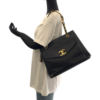 Chanel Tote Bag Caviar Skin Black Goldmetal Chain Tote Bag Shoulder Bag Coco Mark Women