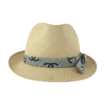 Chanel Hat Straw Beige Gray Coco Mark M