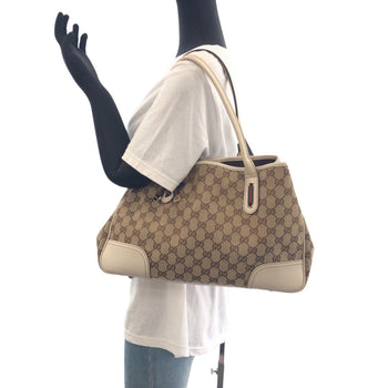 Gucci Tote Bag 168805 Gg Canvas, Leather Beige Ivory Gold Metal Tote Bag Shoulder Bag Sherry Line