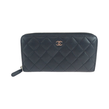 Chanel Long Wallet Purse Lambskin Black Silver Metal Long Wallet Purse Zip Around Matrasse Coco