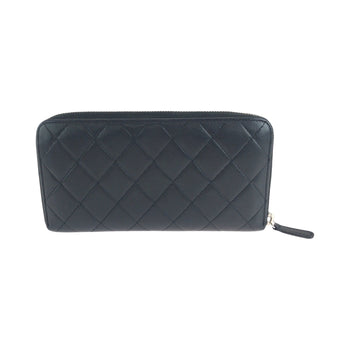 Chanel Long Wallet Purse Lambskin Black Silver Metal Long Wallet Purse Zip Around Matrasse Coco
