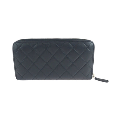 Chanel Long Wallet Purse Lambskin Black Silver Metal Long Wallet Purse Zip Around Matrasse Coco