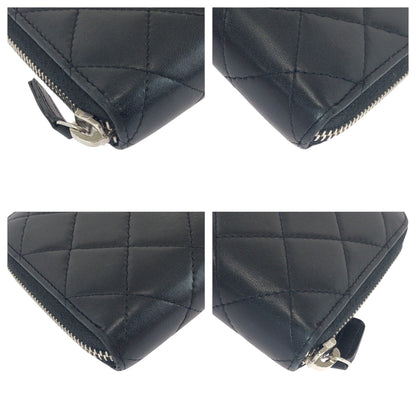 Chanel Long Wallet Purse Lambskin Black Silver Metal Long Wallet Purse Zip Around Matrasse Coco