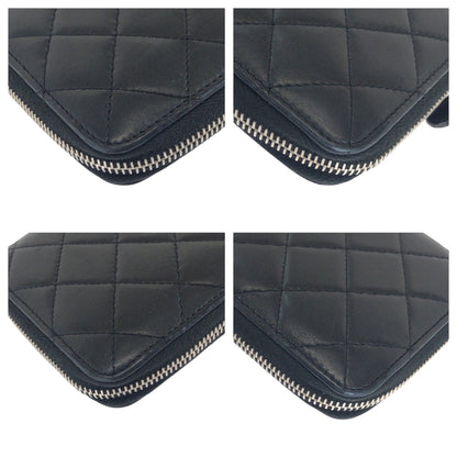 Chanel Long Wallet Purse Lambskin Black Silver Metal Long Wallet Purse Zip Around Matrasse Coco