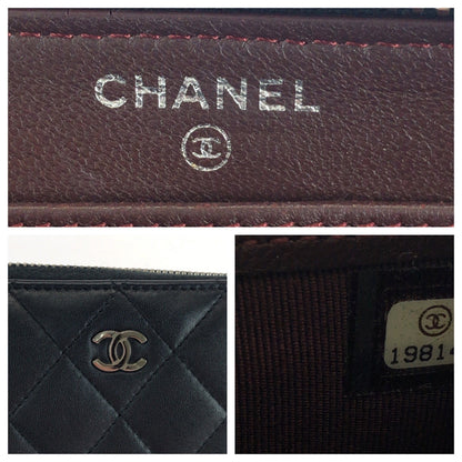 Chanel Long Wallet Purse Lambskin Black Silver Metal Long Wallet Purse Zip Around Matrasse Coco