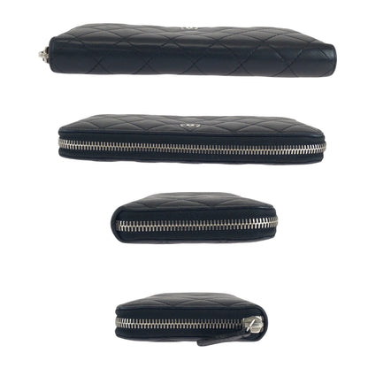 Chanel Long Wallet Purse Lambskin Black Silver Metal Long Wallet Purse Zip Around Matrasse Coco