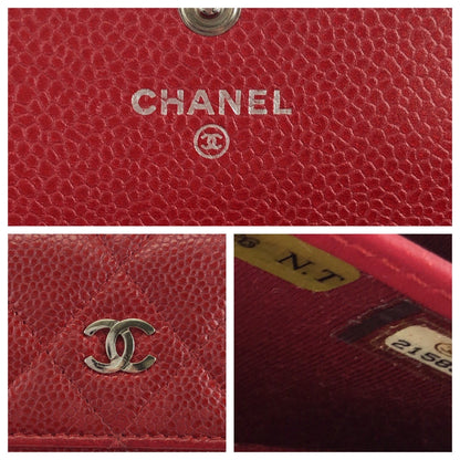 Chanel Long Wallet Purse Caviar Skin Red Silver Metal Long Wallet Purse Matrasse Coco Mark Women