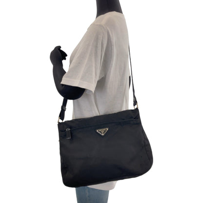 Prada Shoulder Bag Nylon Black Silver Metal Shoulder Bag Pochette Test Triangle With Logo Women