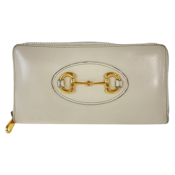 Gucci Long Wallet Purse 621889 Leather Off White Gold Metal Long Wallet Purse Round Zip Horsebit
