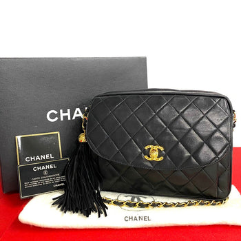 Chanel Shoulder Bag Lambskin Black Coco Mark Fringe Matrasse Women