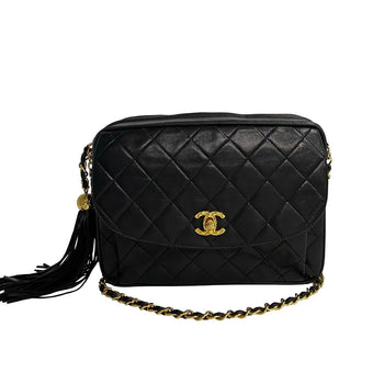 Chanel Shoulder Bag Lambskin Black Coco Mark Fringe Matrasse Women