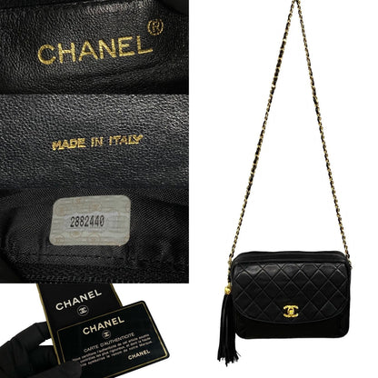 Chanel Shoulder Bag Lambskin Black Coco Mark Fringe Matrasse Women