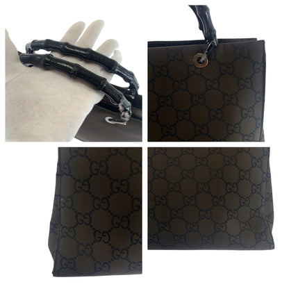 Gucci Tote Bag 002 1010 Nylon Brown Black Silvermetal Tote Bag Handbag Bamboo Women