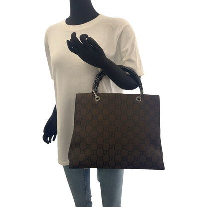 Gucci Tote Bag 002 1010 Nylon Brown Black Silvermetal Tote Bag Handbag Bamboo Women
