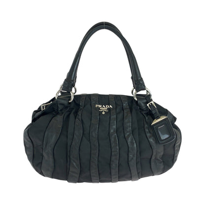 Prada Handbag Nylon, Leather Black Silver Metal Handbag Shoulder Bag Logo Women