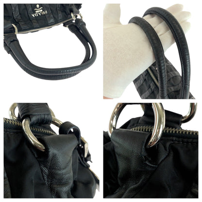 Prada Handbag Nylon, Leather Black Silver Metal Handbag Shoulder Bag Logo Women