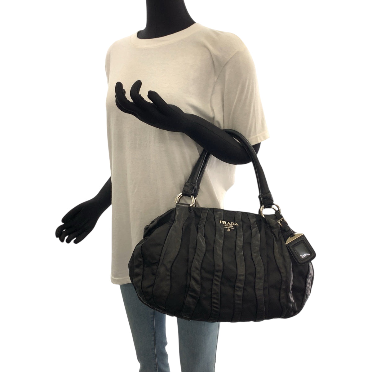 Prada Handbag Nylon, Leather Black Silver Metal Handbag Shoulder Bag Logo Women