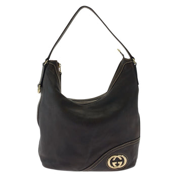 Gucci Shoulder Bag 182491 Leather Brown Gold Metal Interlocking Women