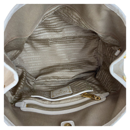 Prada Tote Bag Canvas, Leather Beige Gold Metal Tote Bag Shoulder Bag 2Way Logo Jacquard Women
